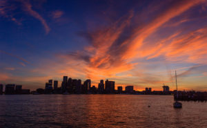 View of the Boston skyline during sunset from Pier Park, Boston, MA
